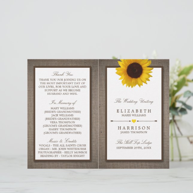 Country Rustic Sunflower & Burlap Wedge (Stehend Vorderseite)