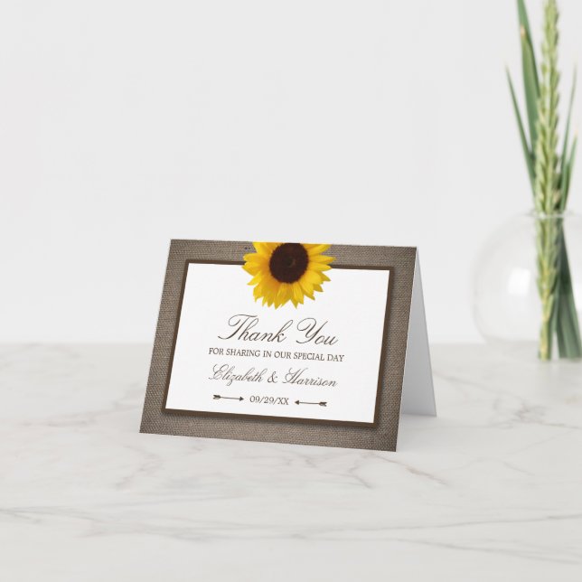 Country Rustic Sunflower & Burlap Wedge Dankeskarte (Vorderseite)