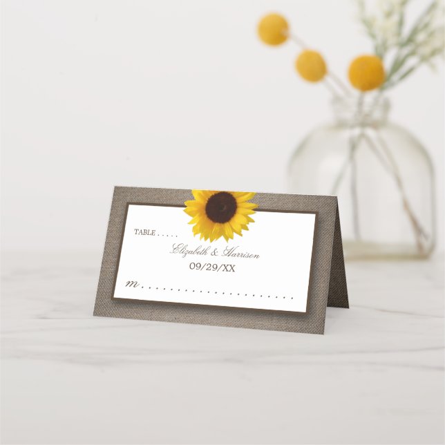 Country Rustic Sunflower & Burlap Wedge Platzkarte (Vorderseite)