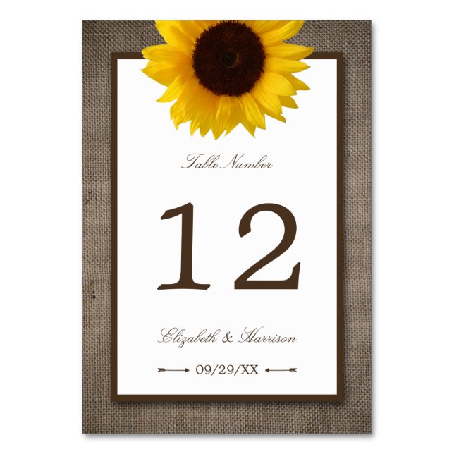 Country Rustic Sunflower & Burlap Wedge Tischnummer (Vorderseite)
