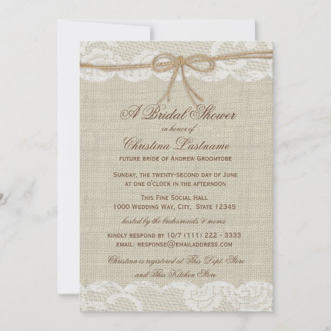 Country Rustic und Lace Wedding Brautparty Einladung (Vorderseite)