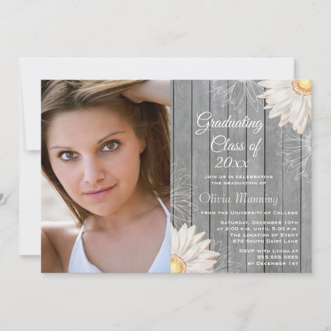 Country rustic white daisy Foto Graduierungsparty Einladung (Vorderseite)