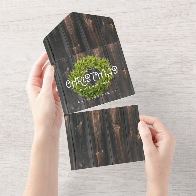 Country Rustic Wood First Christmas Nouvelle carte (Déchirure)