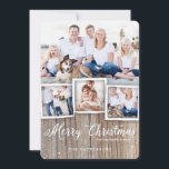 Country Rustic Wood Frohe Weihnachtsfotokarte Feiertagskarte<br><div class="desc">Rustikaler, verwitterter Holzfußboden und elegante Typografie Sets die Bühne für einen schönen Landurlaub mit Freunden und Familie. Mit Platz für eine mehrteilige Kollektion Ihrer Foto, dieses Design rahmen drei kleinere Fotos und ein großes Foto mit einem Rahmen von simuliertem Holzkorn am Boden und einem kleinen Staub von weißen Schneeflocken an...</div>