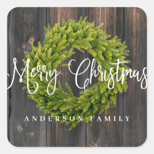 Country Rustic Wood frohe Weihnachtsgrüße Quadratischer Aufkleber