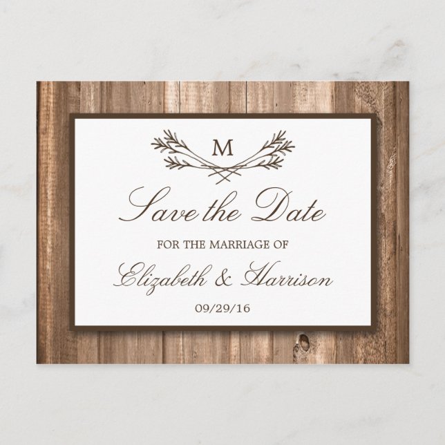 Country Rustic Wood Monogram Branch Save the Date Ankündigungspostkarte (Vorderseite)