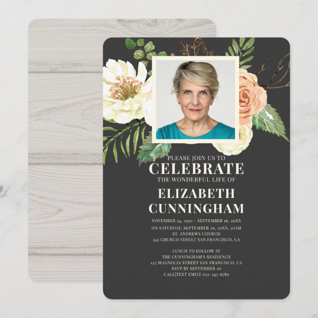 Country Rustico Florals Foto Memorial Einladung (Vorne/Hinten)