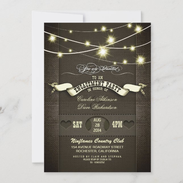 Country Rustikal Burlap & Lights Interaktion Party Einladung (Vorderseite)