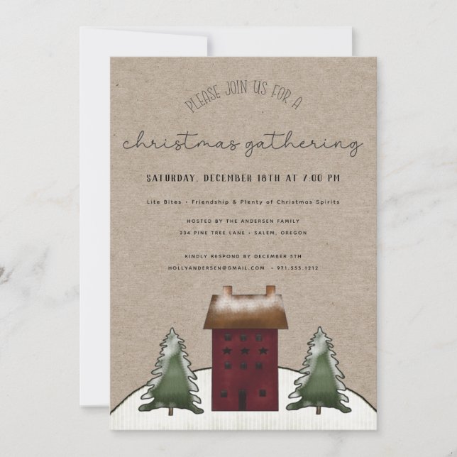 Country Saltbox Rustic Familienweihnachtliches Par Einladung (Vorderseite)