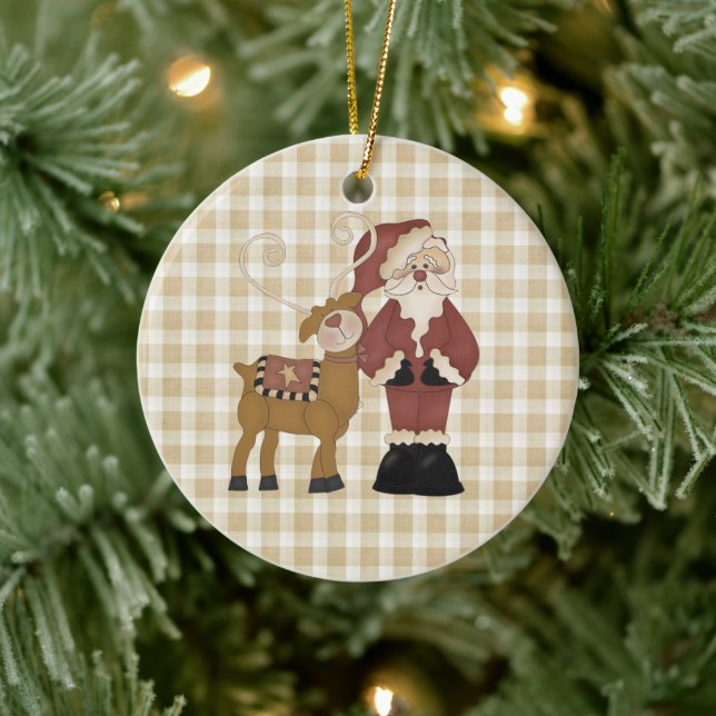 Country Santa und seine Rentier Keramik Ornament (Baum)