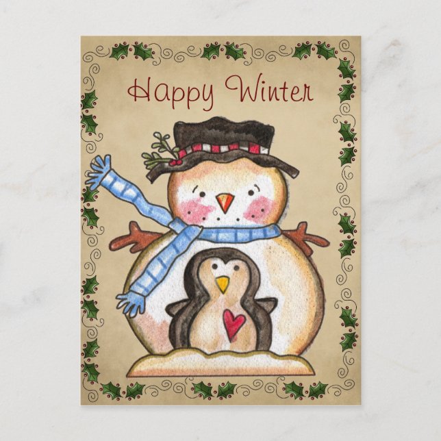 Country Snowman and Pinguin Friendship Postcard Postkarte (Vorderseite)
