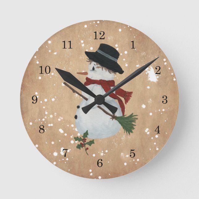 Country Snowman Wall Clock Runde Wanduhr (Vorderseite)