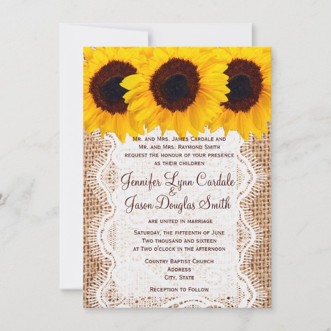 Country Sonnenblumen Burlap Prinz Hochzeit Einladu Einladung (Vorderseite)