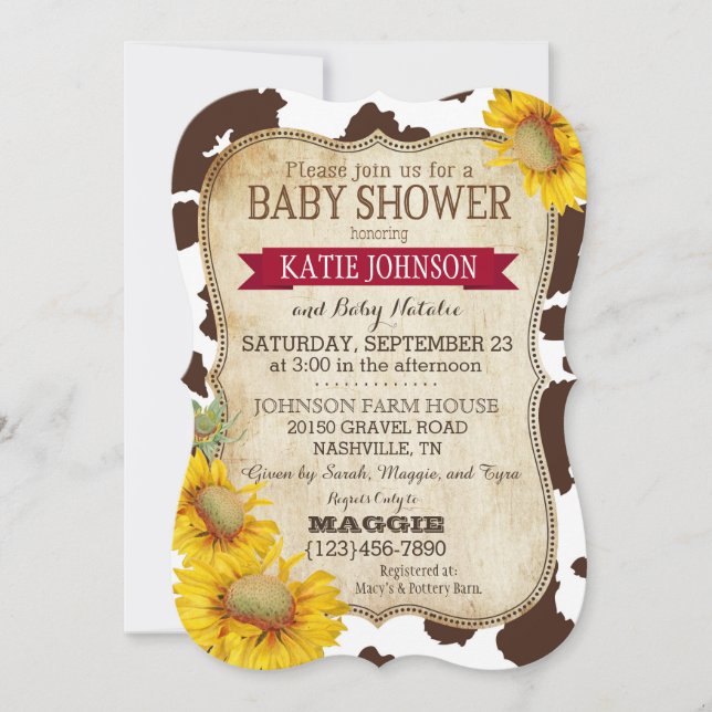Country Sonnenblumen und Kuh Print Baby Dusche Einladung (Vorderseite)