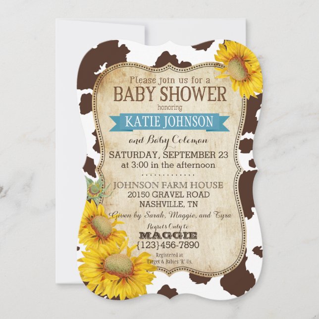 Country Sonnenblumen und Kuh Print Baby Dusche Einladung (Vorderseite)