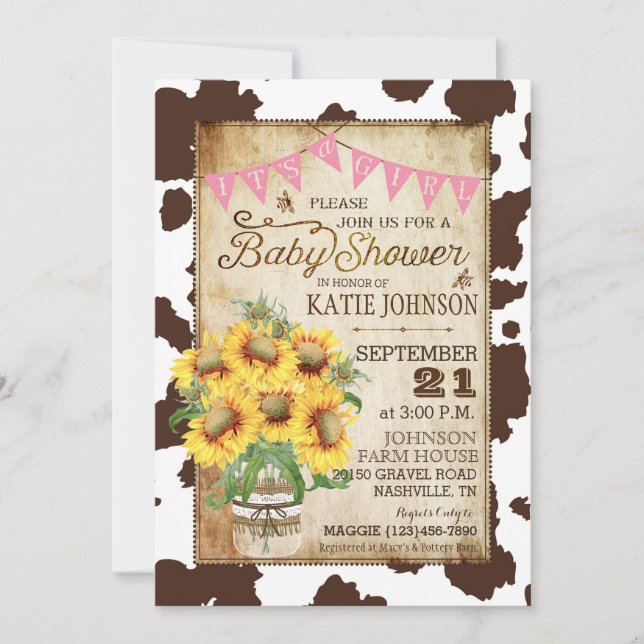Country Sonnenblumen und Kuh Print Baby Dusche Einladung (Vorderseite)