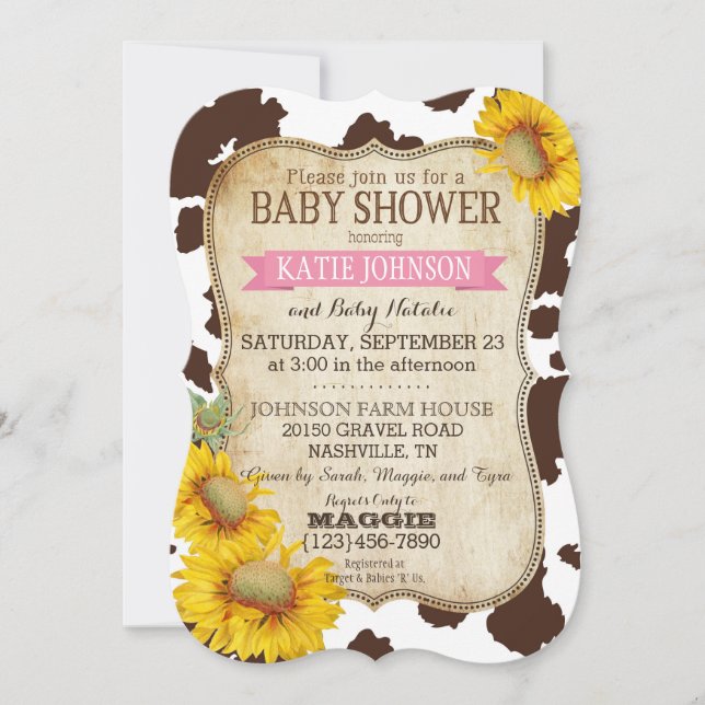 Country Sonnenblumen und Kuh Print Baby Dusche Einladung (Vorderseite)