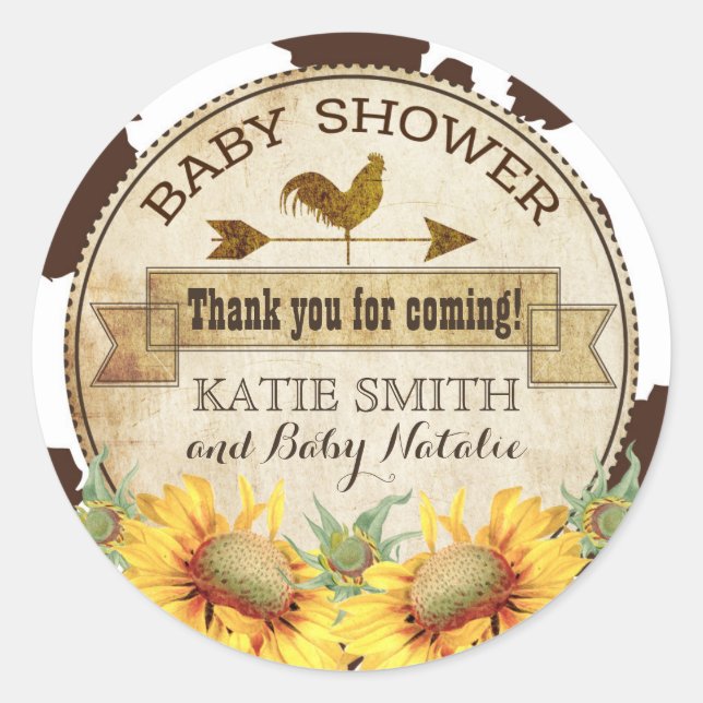 Country Sonnenblumen und Kuh Print Baby Dusche Runder Aufkleber (Vorderseite)