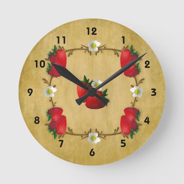 Country Strawberries Wall Clock Runde Wanduhr (Vorderseite)