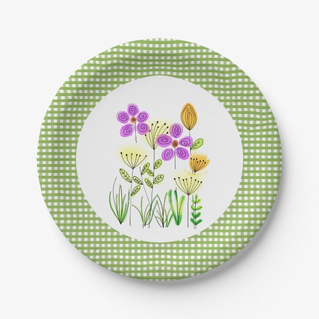 Country Style Green Gingham und Wildblumen Party Pappteller (Vorderseite)