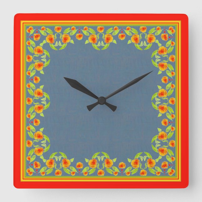 Country Style Marigolds Border on Indigo Blue Quadratische Wanduhr (Vorderseite)