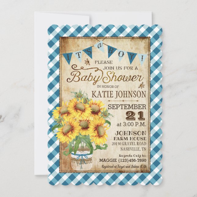 Country Sunblumen Gingham Karo Boy Baby Dusche Einladung (Vorderseite)