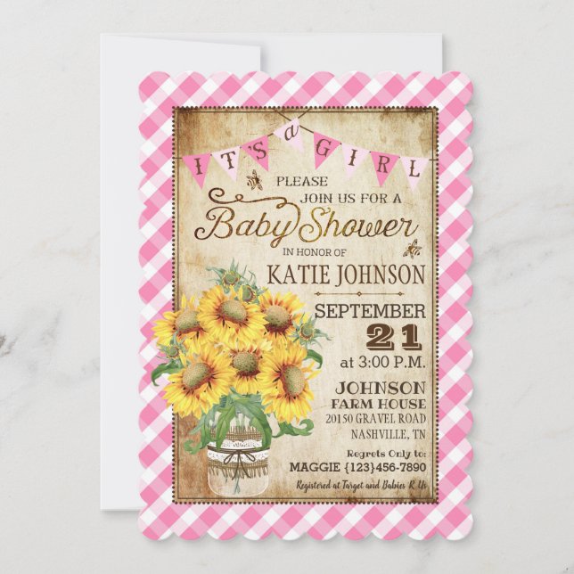 Country Sunblumen Gingham Karo Girl Baby Dusche Einladung (Vorderseite)