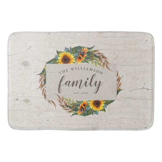Country Sunblumen Rustic Wood Familienname Badematte (Vorderseite)