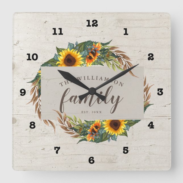 Country Sunblumen Rustic Wood Family Quadratische Wanduhr (Vorderseite)