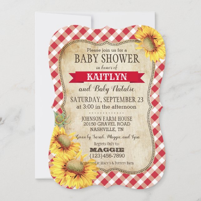 Country Sunblumen und Gingham Karo Baby Dusche Einladung (Vorderseite)