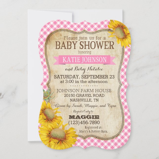 Country Sunblumen und Gingham Karo Baby Shower Einladung (Vorderseite)