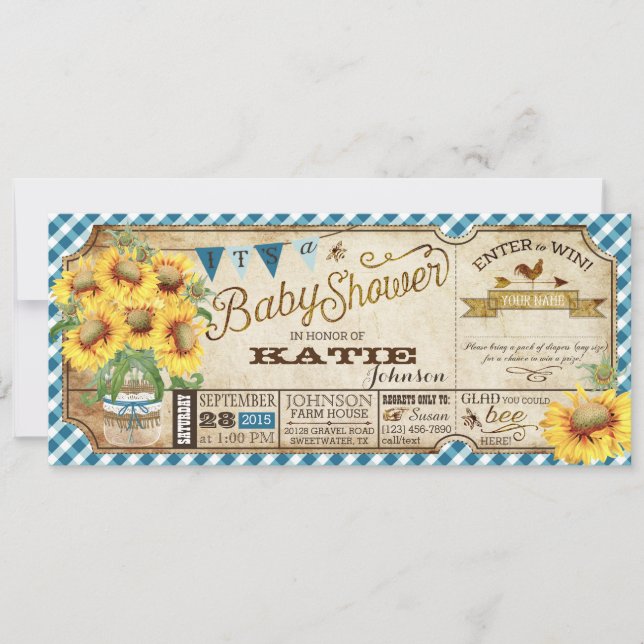 Country Sunblumen und Gingham Karo Baby Shower Einladung (Vorderseite)