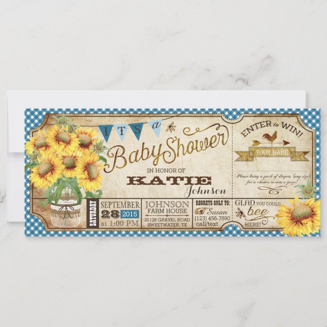 Country Sunblumen und Gingham Karo Baby Shower Einladung (Vorderseite)
