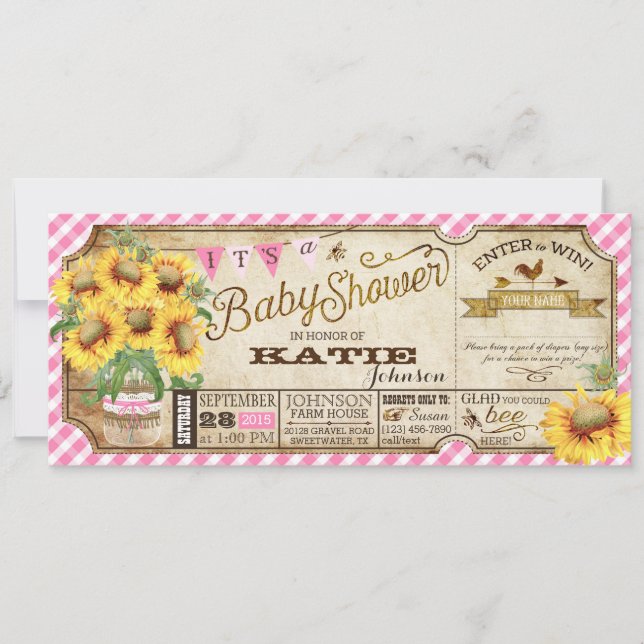 Country Sunblumen und Gingham Karo Baby Shower Einladung (Vorderseite)