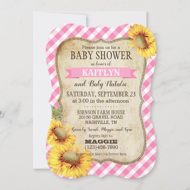 Country Sunblumen und Gingham Karo Baby Shower Einladung (Vorderseite)
