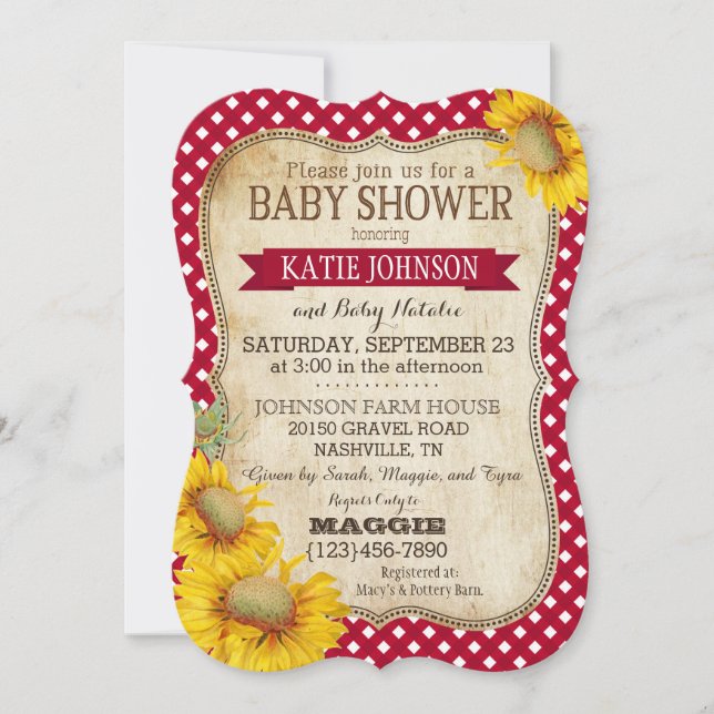 Country Sunblumen und Gingham Karo Baby Shower Einladung (Vorderseite)