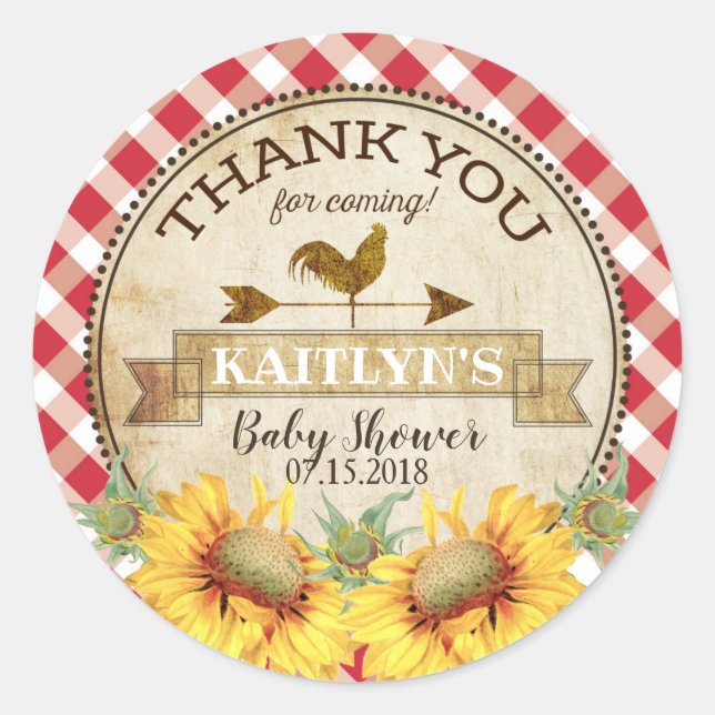 Country Sunblumen und Gingham Karo Baby Shower Runder Aufkleber (Vorderseite)