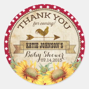 Country Sunblumen und Gingham Karo Baby Shower Runder Aufkleber