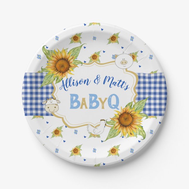 Country Sunflower Blue Gingham Baby Q Barbeque Pappteller (Vorderseite)