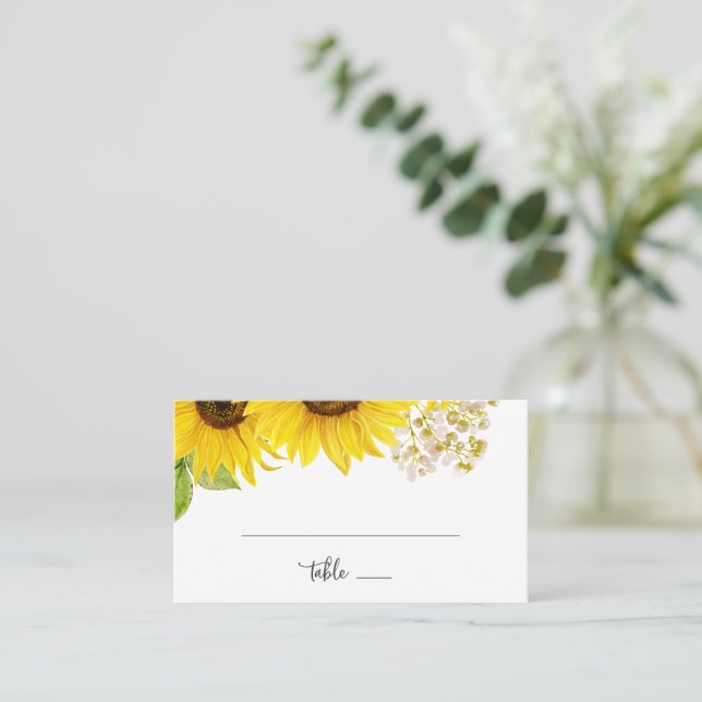 Country Sunflower Flat Wedding Platzkarte (Stehend Vorderseite)