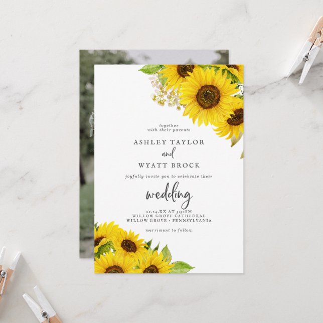 Country Sunflower Foto Einladung Hochzeit (Vorderseite/Rückseite Beispiel)