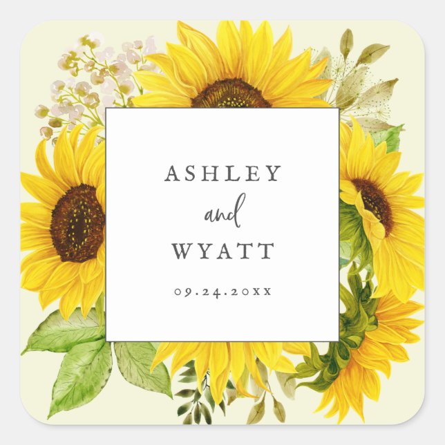 Country Sunflower | Gelbe Hochzeitsstipendiaten Quadratischer Aufkleber (Vorderseite)