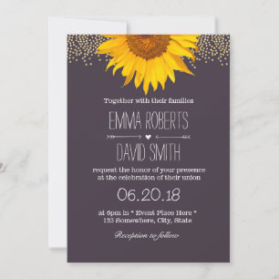 Country Sunflower Gold Dots Elegante Lila Hochzeit Einladung