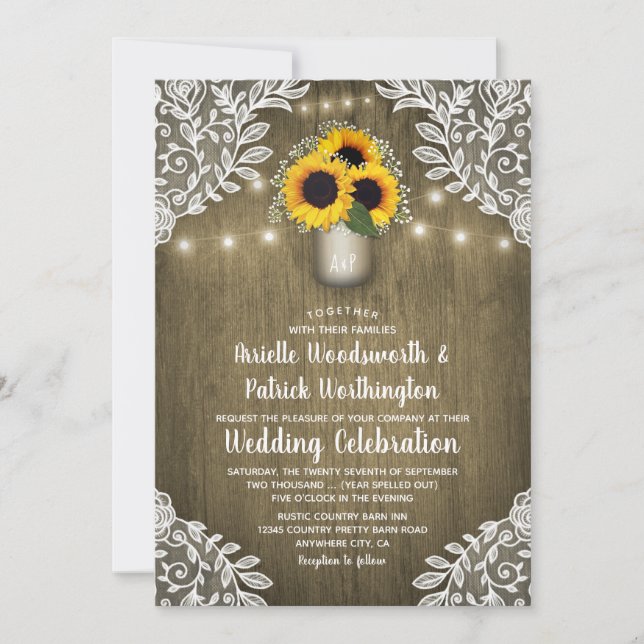 Country Sunflower Mason Jar Hochzeitseinladungen Einladung (Vorderseite)