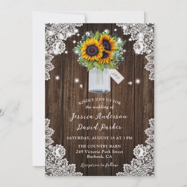 Country Sunflower Mason Jar Lace Wood Wedding Einladung (Vorderseite)
