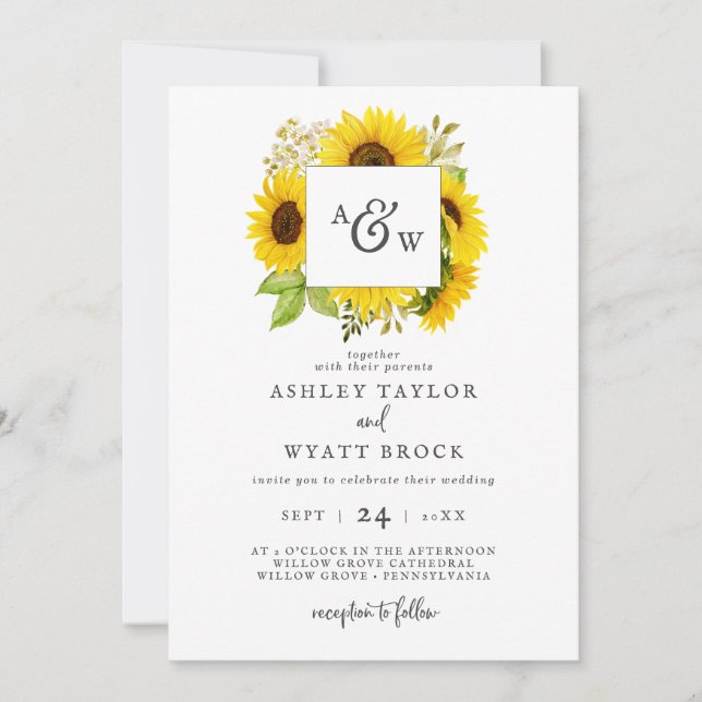Country Sunflower Monogram Wedding Einladung (Vorderseite)