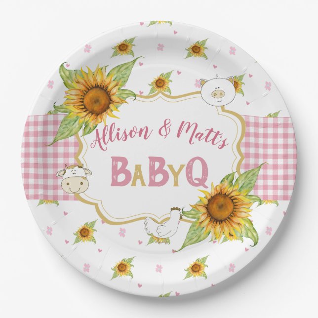 Country Sunflower Pink Gingham Baby Q Barbeque Pappteller (Vorderseite)