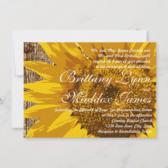 Country Sunflower Rustic Wood Wedding Einladungen (Vorderseite)