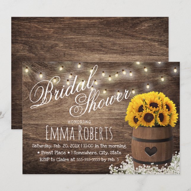 Country Sunflower & String Lights Brautparty Einladung (Vorne/Hinten)
