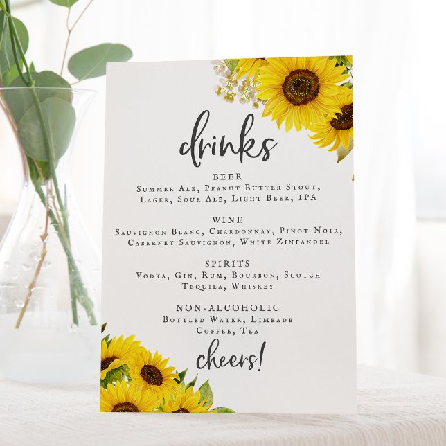 Country Sunflower Wedding Drinks Menü Unterschrift Sockelschild (Von Creator hochgeladen)